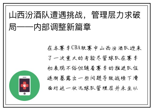 山西汾酒队遭遇挑战，管理层力求破局——内部调整新篇章