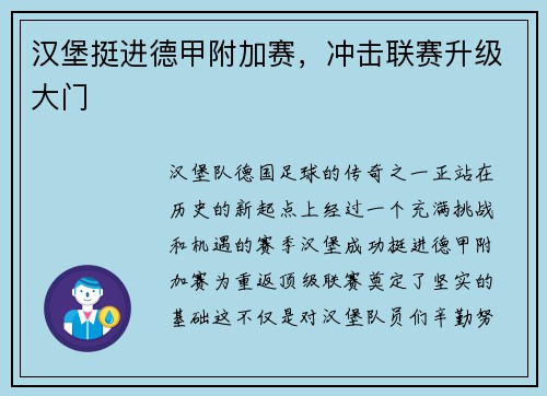 汉堡挺进德甲附加赛，冲击联赛升级大门