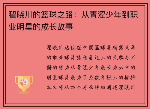 翟晓川的篮球之路：从青涩少年到职业明星的成长故事