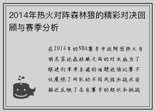2014年热火对阵森林狼的精彩对决回顾与赛季分析