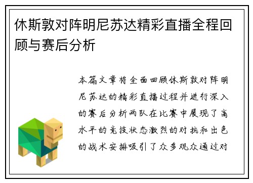 休斯敦对阵明尼苏达精彩直播全程回顾与赛后分析