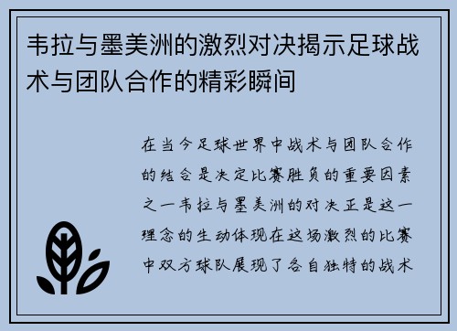韦拉与墨美洲的激烈对决揭示足球战术与团队合作的精彩瞬间