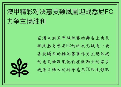 澳甲精彩对决惠灵顿凤凰迎战悉尼FC力争主场胜利