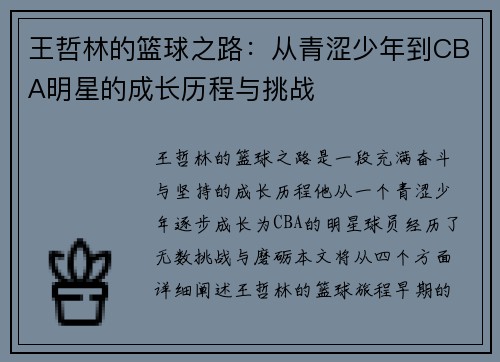 王哲林的篮球之路：从青涩少年到CBA明星的成长历程与挑战