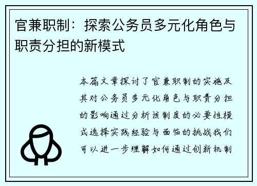官兼职制：探索公务员多元化角色与职责分担的新模式