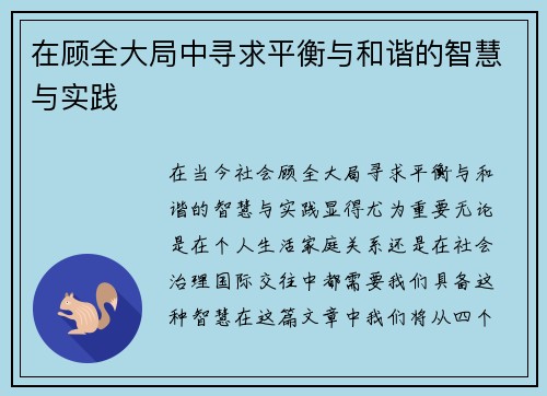 在顾全大局中寻求平衡与和谐的智慧与实践