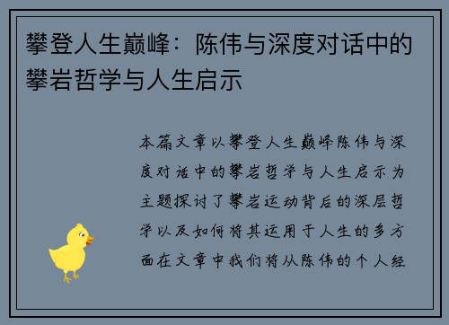 攀登人生巅峰：陈伟与深度对话中的攀岩哲学与人生启示