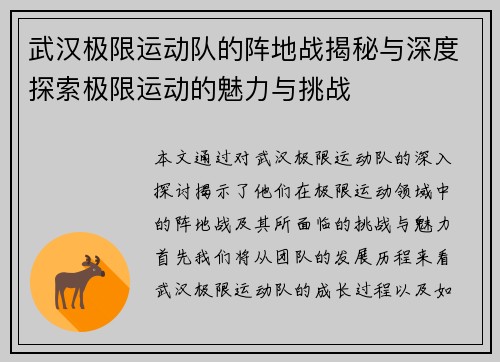 武汉极限运动队的阵地战揭秘与深度探索极限运动的魅力与挑战