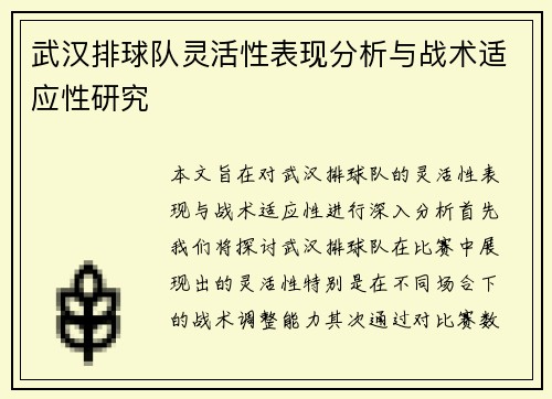 武汉排球队灵活性表现分析与战术适应性研究